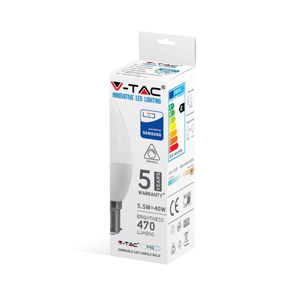 5.5W C35 Żarówka LED / Chip SAMSUNG / Barwa:3000K / Ściemniana / Trzonek:B15