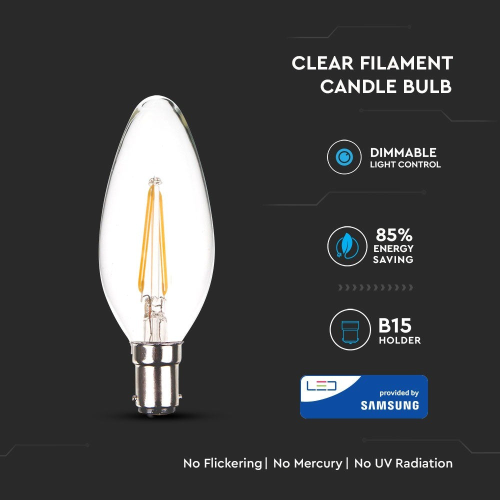 4W C35 Żarówka LED Filament / Klosz Transparentny / Chip SAMSUNG / Barwa:3000K / Ściemniana / Trzonek:B15