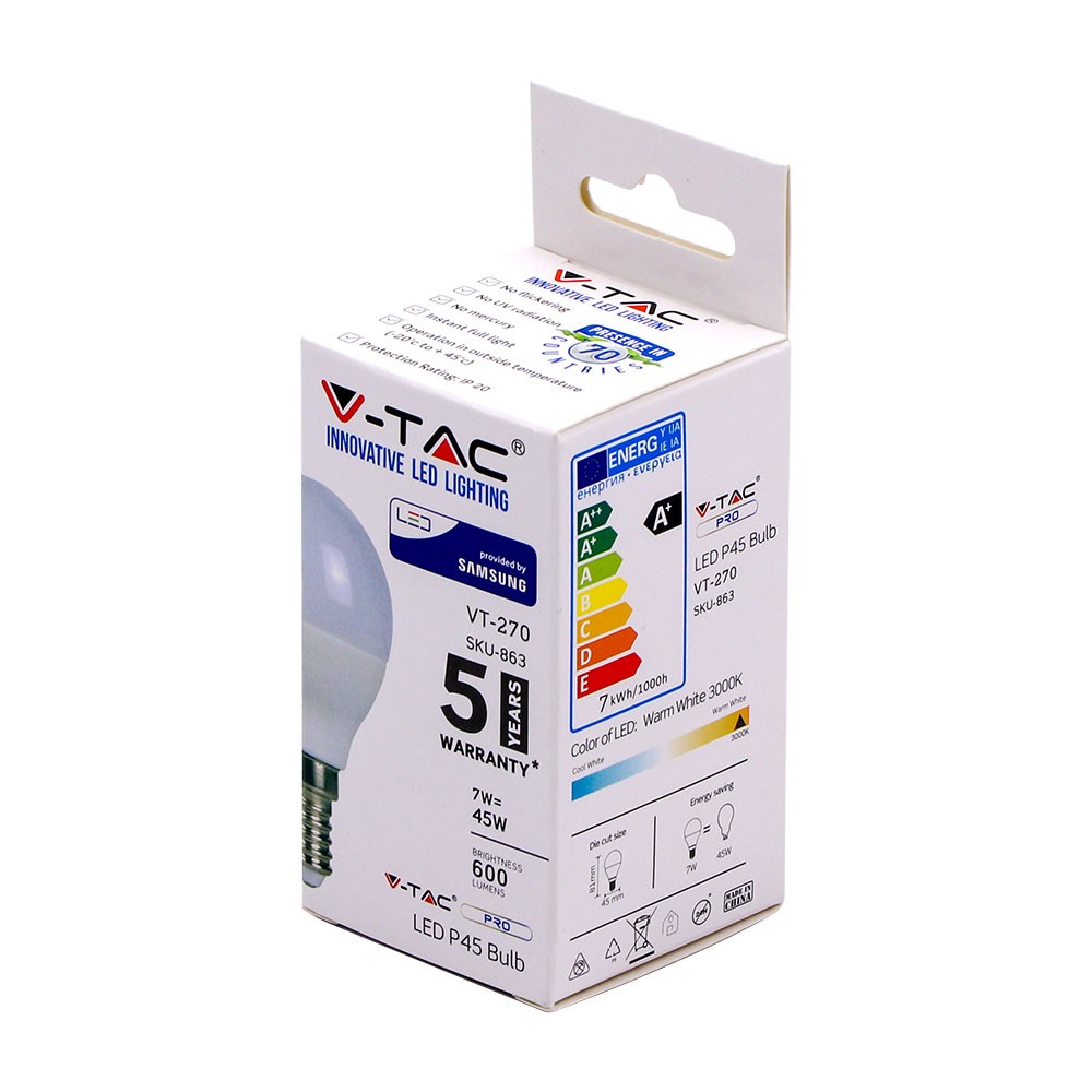 7W P45 Żarówka LED / Chip SAMSUNG / Barwa:4000K / Trzonek:E14