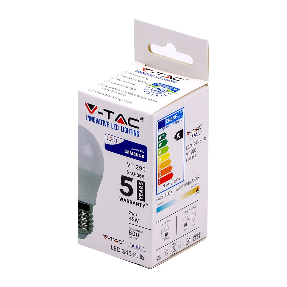 7W G45 Żarówka LED / Chip SAMSUNG / Barwa:3000K / Trzonek:E27