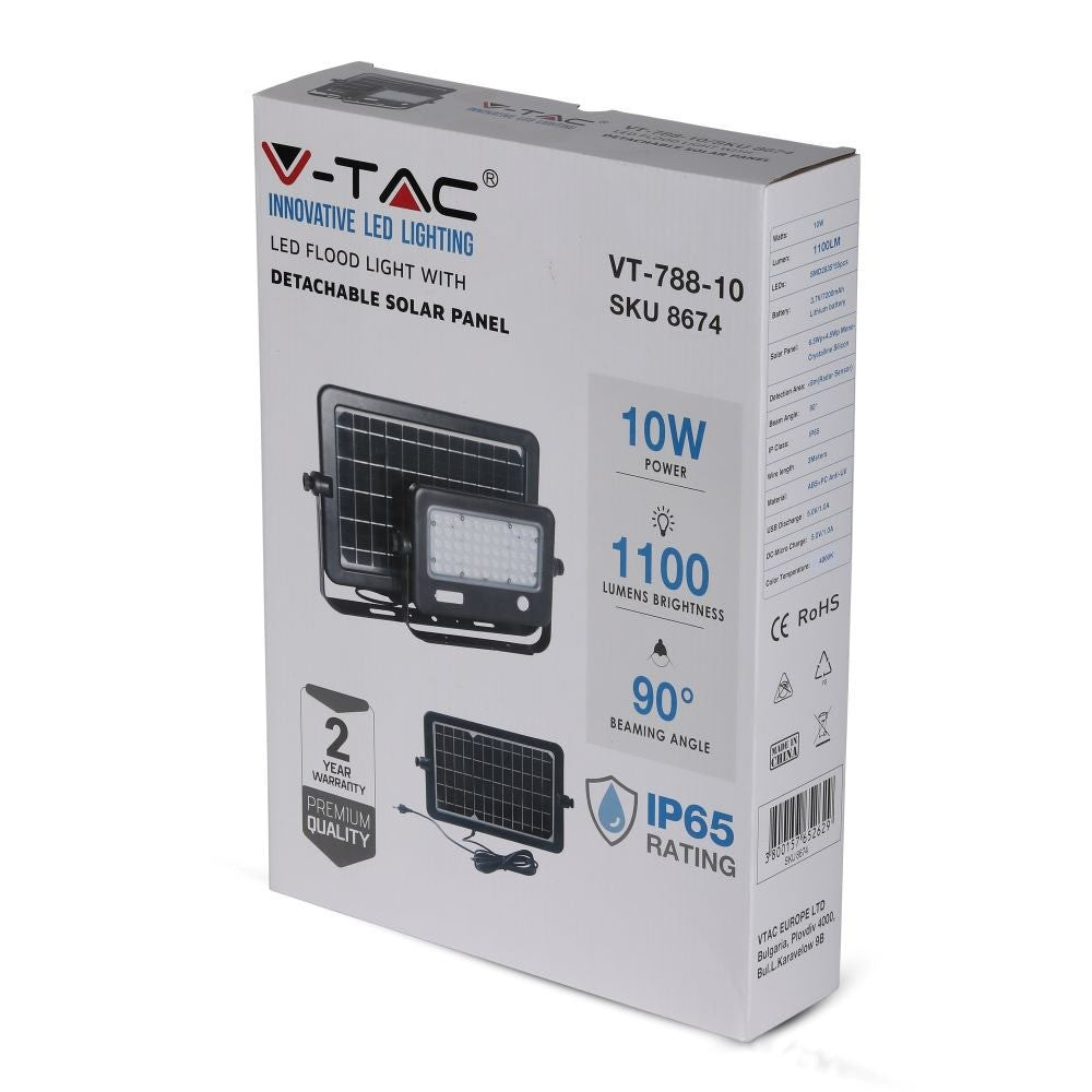 10W Naświetlacz LED solarny / Panel z przewodem / Gniazdo USB / Barwa:4000K / Obudowa: Czarna