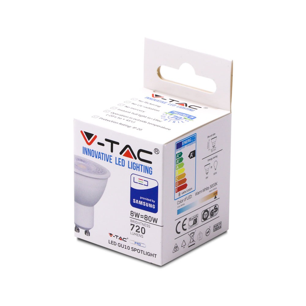 8W GU10 Żarówka LED / Chip SAMSUNG / Barwa:3000K / Kąt 38' / Trzonek:GU10
