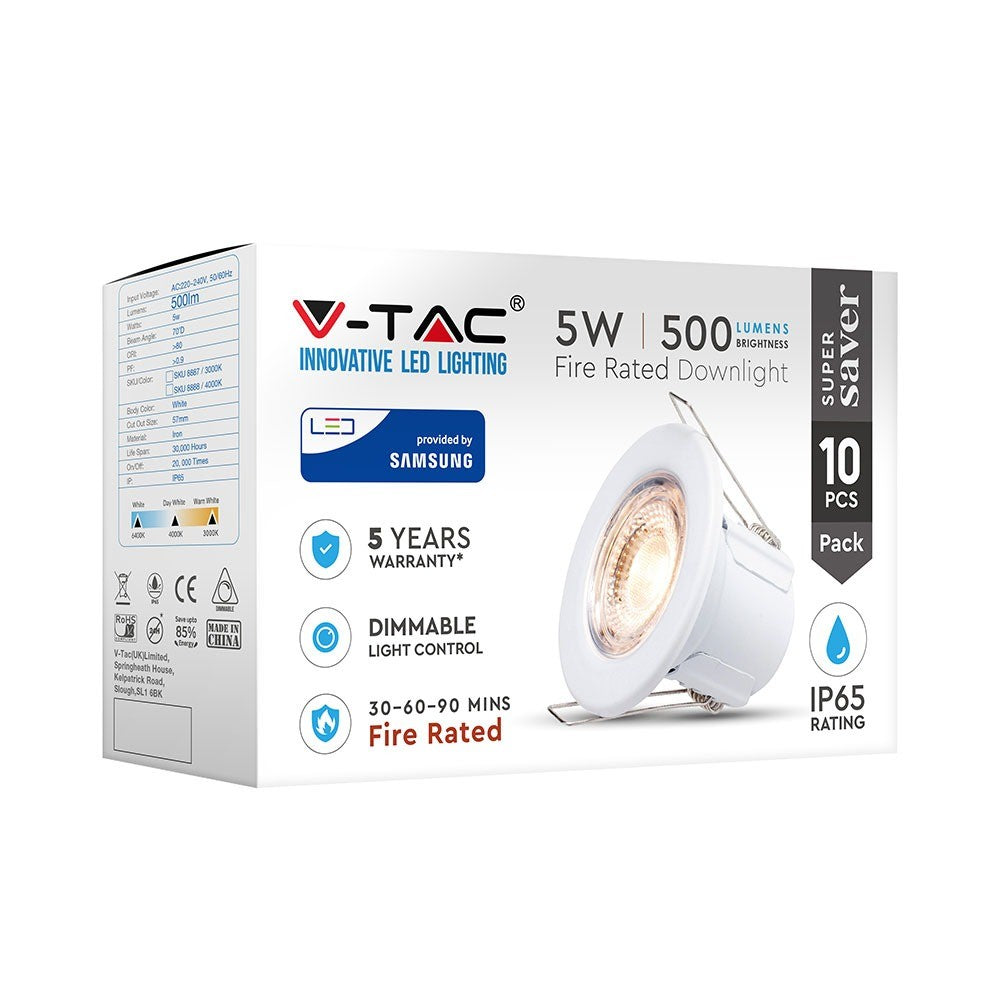 5W Oprawa wpuszczana Spot / Ognioodporność min: 30-60-90 / Chip SAMSUNG / Barwa:6400K / Biały / Opakowanie: 10szt.