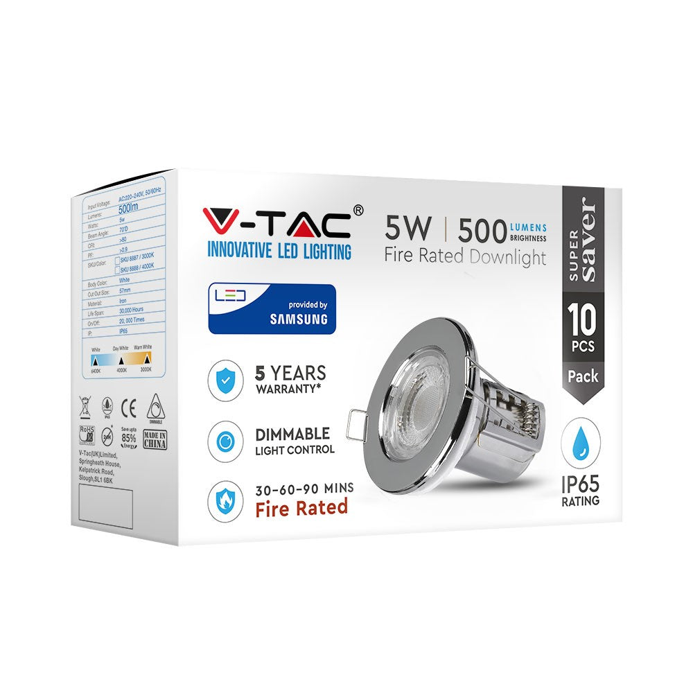 5W Oprawa wpuszczana Spot / Ognioodporność min: 30-60-90 / Chip SAMSUNG / Barwa:400K / Chrom / Opakowanie: 10szt.