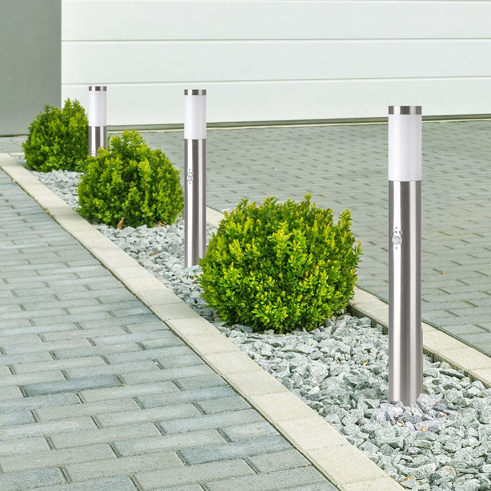 Słupek ogrodowy z PIR / Obudowa: Stal nierdzewna / Wysokość: 80cm / Gniazdo: E27 / IP44 / Kolor: Satynowy nikiel
