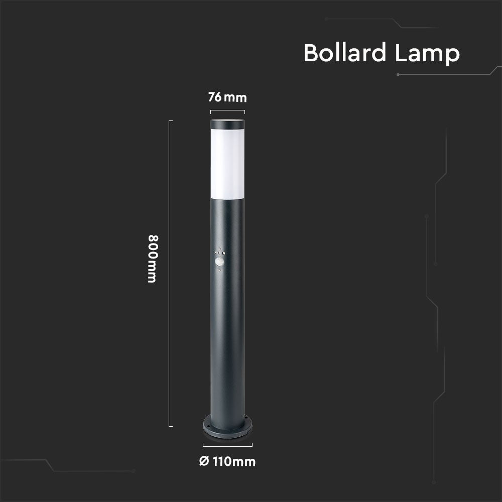 Słupek ogrodowy z PIR / Obudowa: Stal nierdzewna / Wysokość: 80cm / Gniazdo: E27 / IP44 / Kolor: Szary