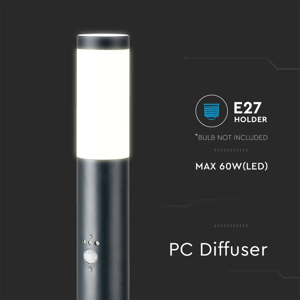 Słupek ogrodowy z PIR / Obudowa: Stal nierdzewna / Wysokość: 80cm / Gniazdo: E27 / IP44 / Kolor: Szary