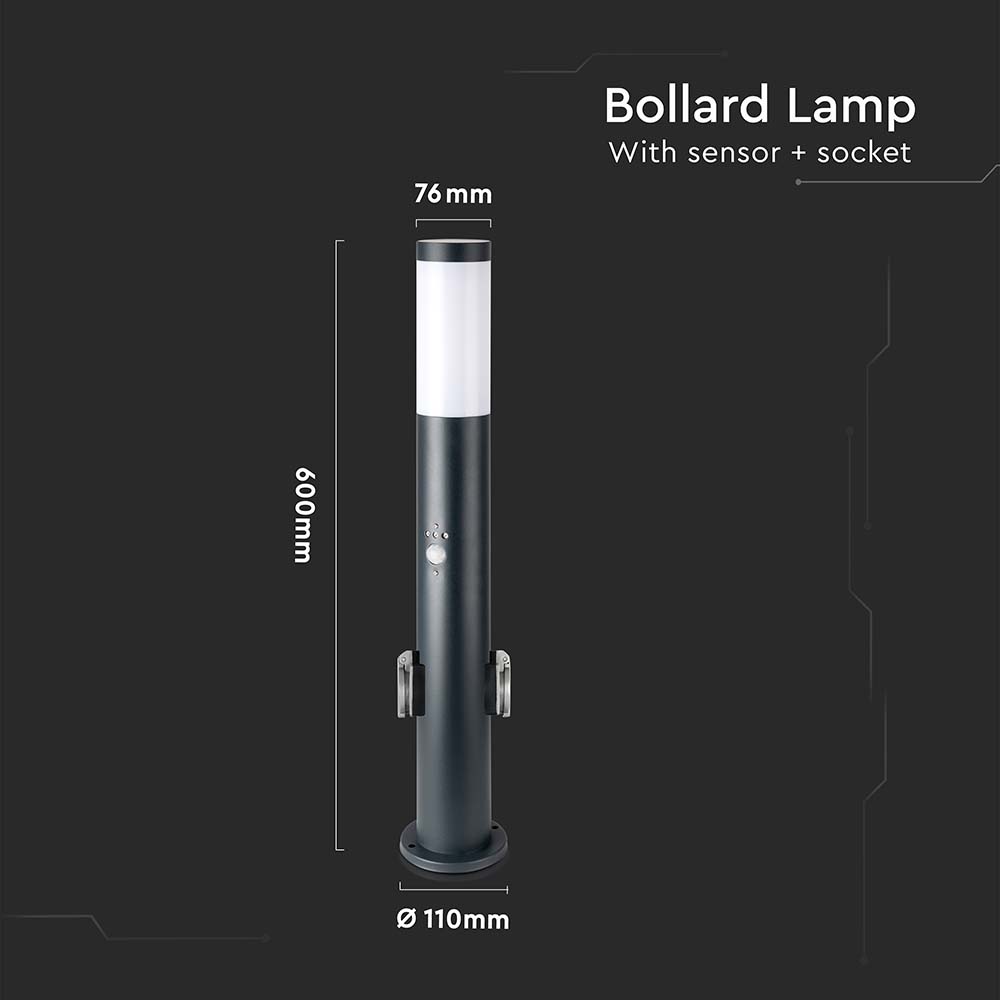 Lampa BOLLARD / Obudowa: Stal nierdzewna z PIR i gniazdem / Wysokość: 60cm / Gniazdo: E27 / IP44 / Kolor: Szary