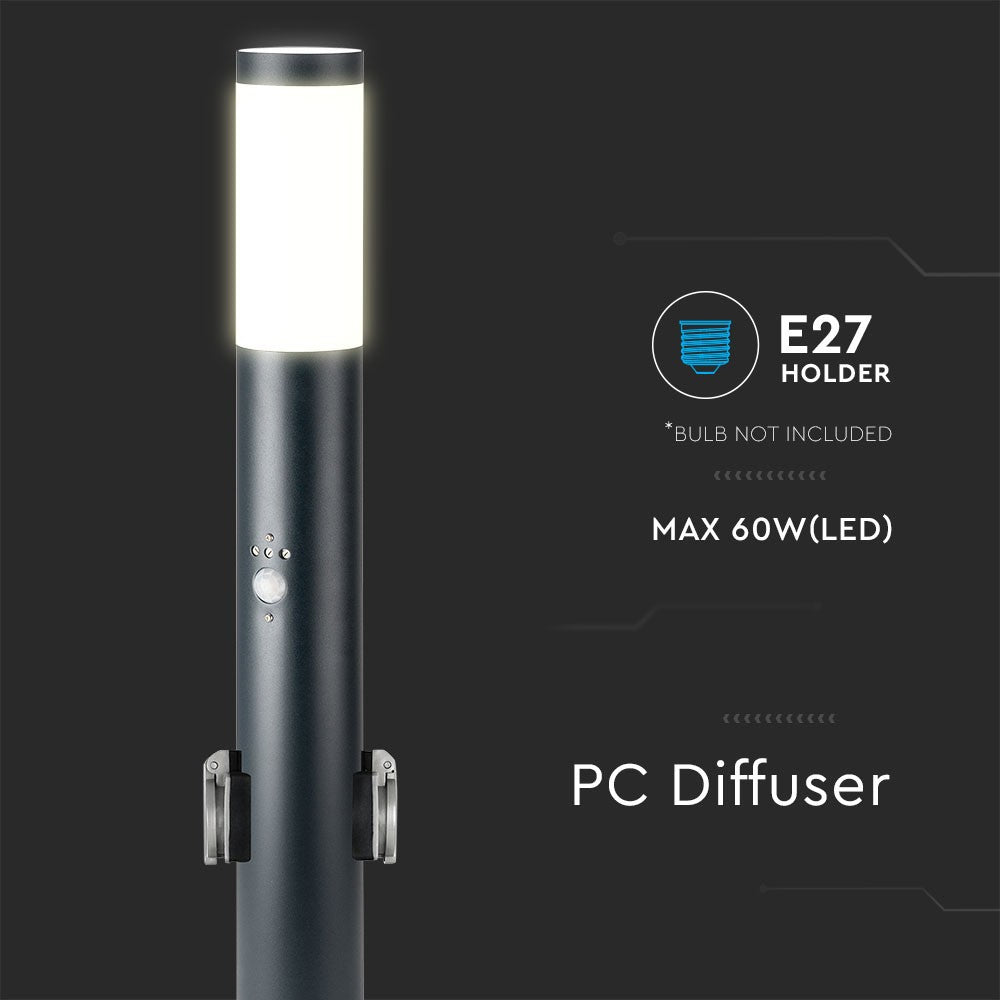 Lampa BOLLARD / Obudowa: Stal nierdzewna z PIR i gniazdem / Wysokość: 60cm / Gniazdo: E27 / IP44 / Kolor: Szary