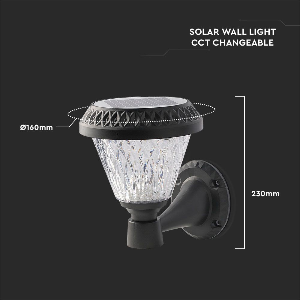 0.8W Solarna kinkiet ogrodowy / Wysokość: 230 mm / Obudowa: Czarna / Barwa:3w1 / IP44 /