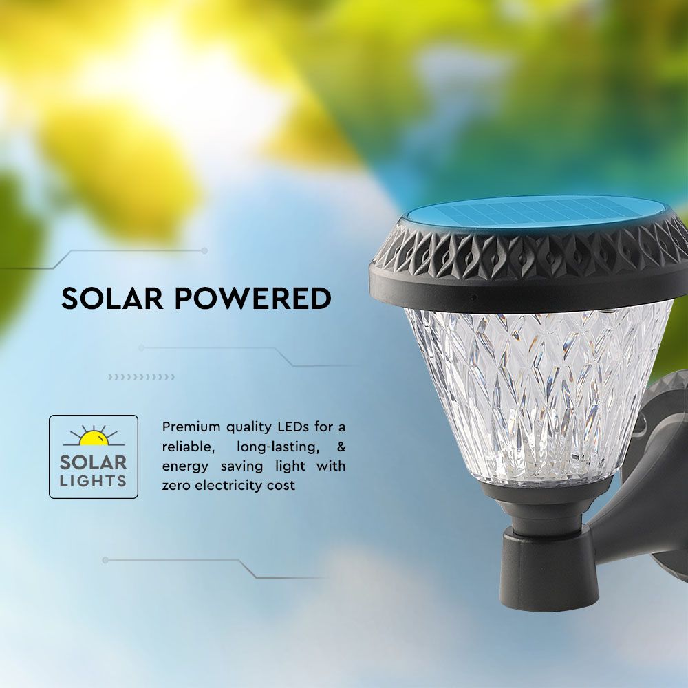 0.8W Solarna kinkiet ogrodowy / Wysokość: 230 mm / Obudowa: Czarna / Barwa:3w1 / IP44 /