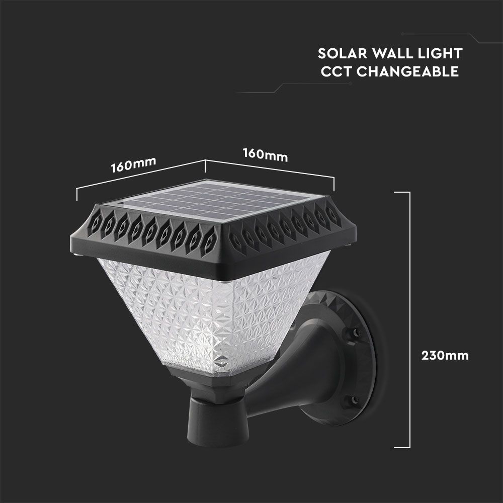 0.8W Solarna kinkiet ogrodowy / Wysokość: 230 mm / Obudowa: Czarna / Barwa:3w1 / IP44 /
