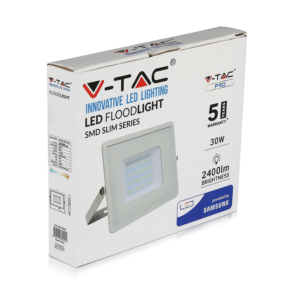 30W Naświetlacz LED SMD / Chip SAMSUNG / Przewód: 3m / Barwa:6400K / Obudowa: Biała