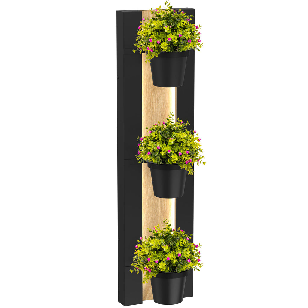 wall mounted 3 x flower pots rack with 2 x LED decoration light