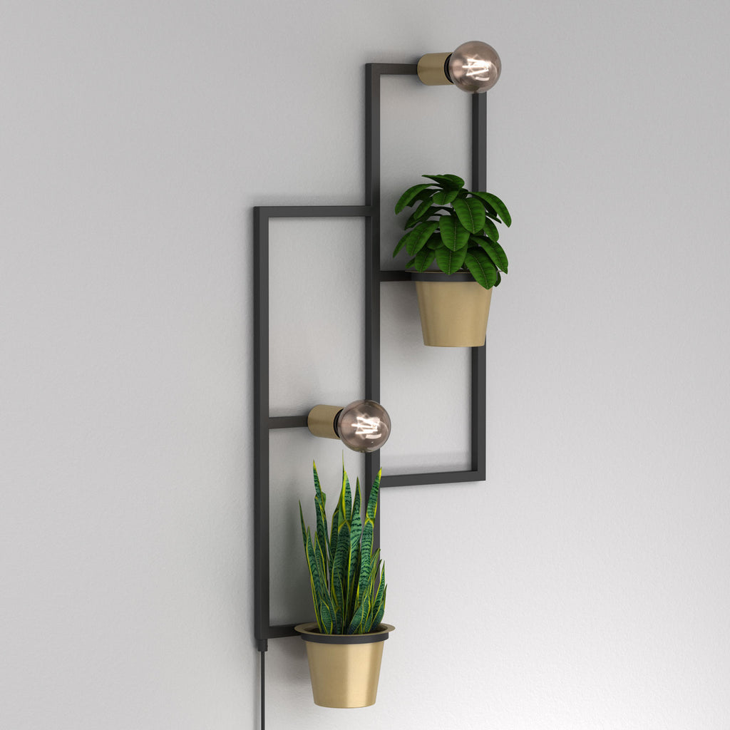 kinkiet Flower wall, 2 gold flower pots, black/gold 2xE27