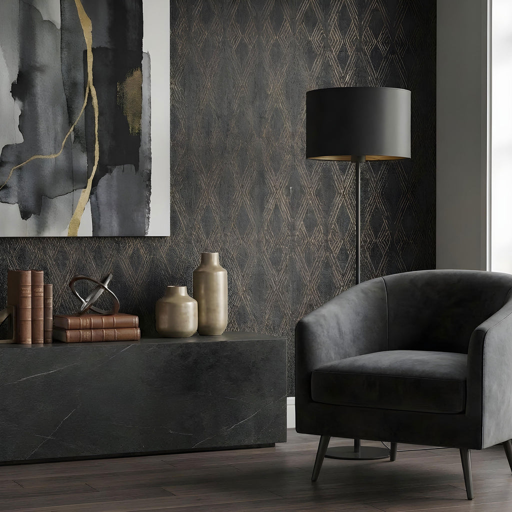 lampa podł. Arden prosta, black, cylinder shade dia 400, h 250 black/gold 1xE27
