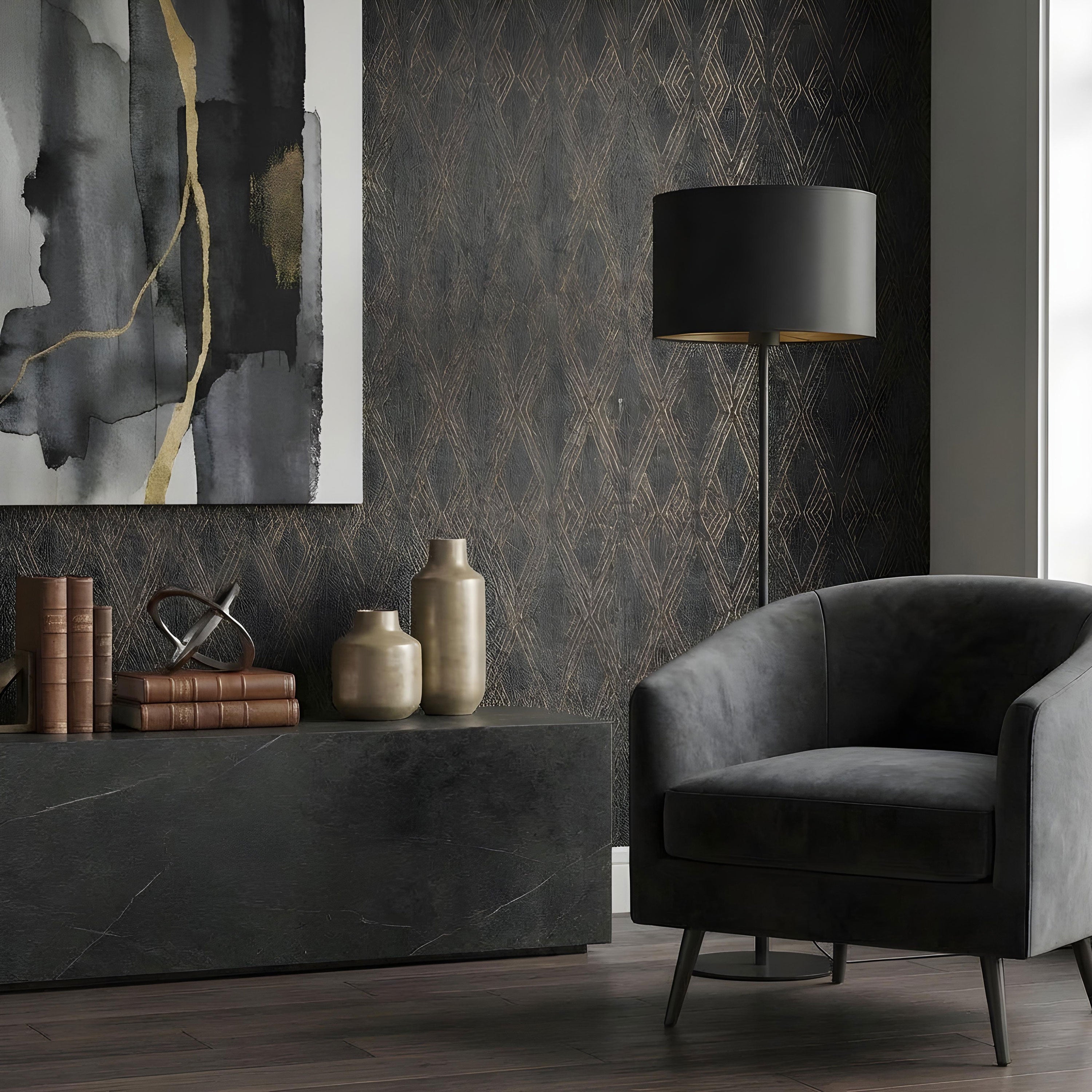 lampa podł. Arden prosta, black, cylinder shade dia 400, h 250 black/gold 1xE27