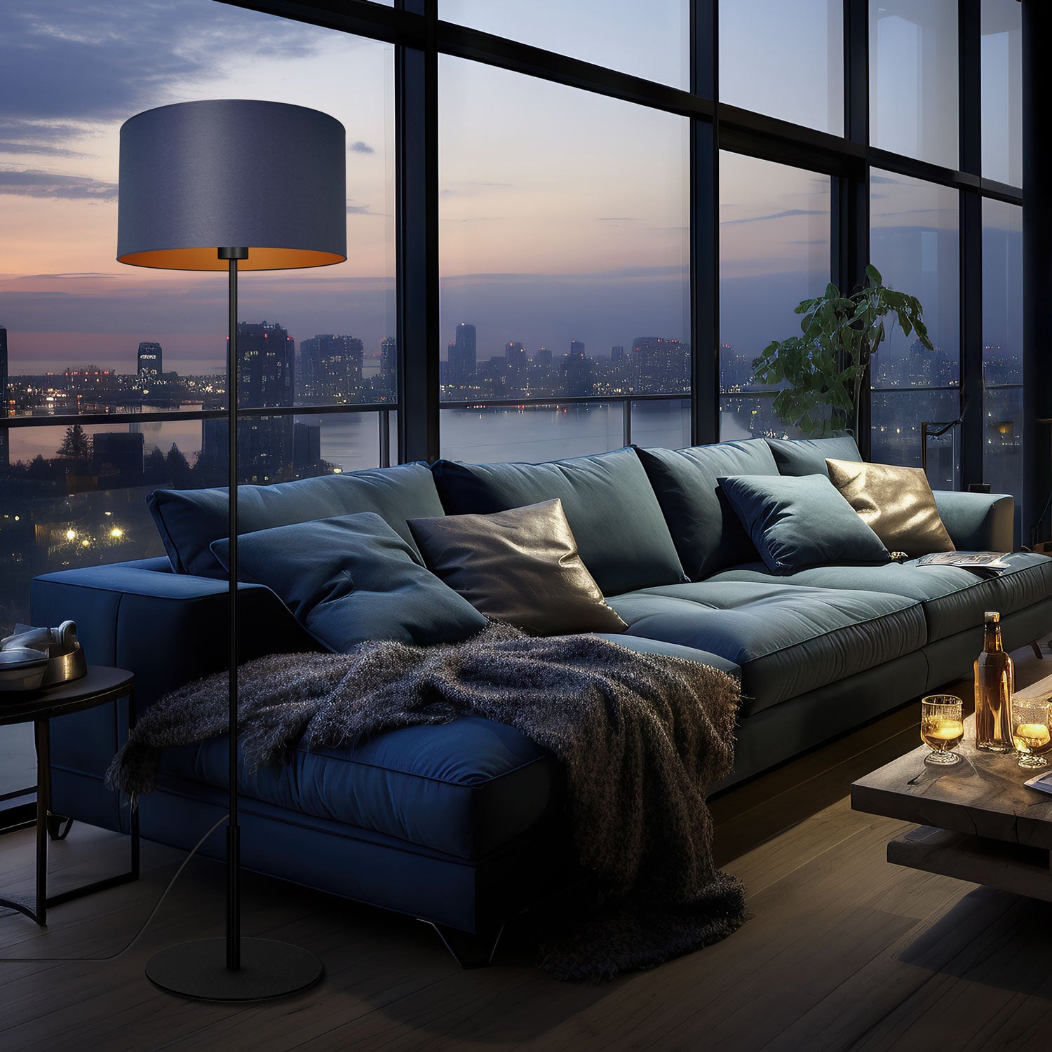 lampa podł. Arden prosta, black, cylinder shade dia 400, h 250 navy blue/gold 1xE27
