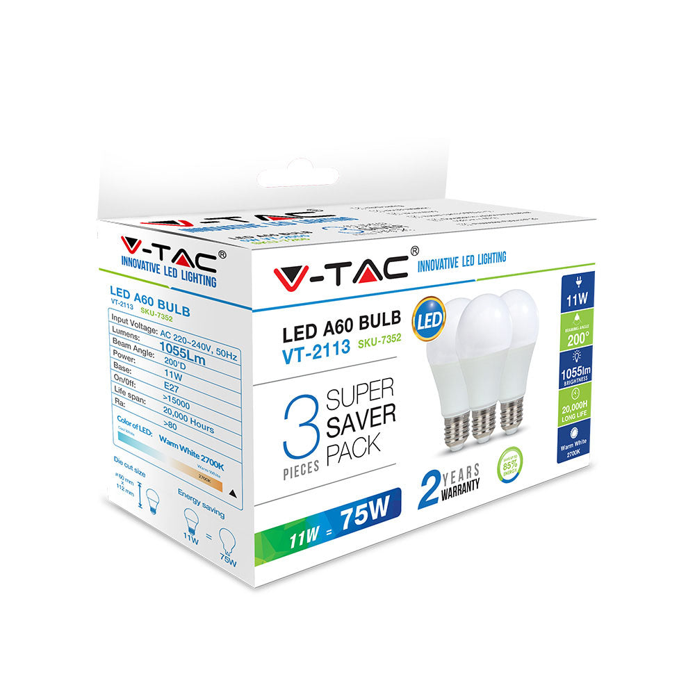 11W A60 Żarówka LED / Barwa:2700K / Trzonek:E27 / Opakowanie: 3szt.