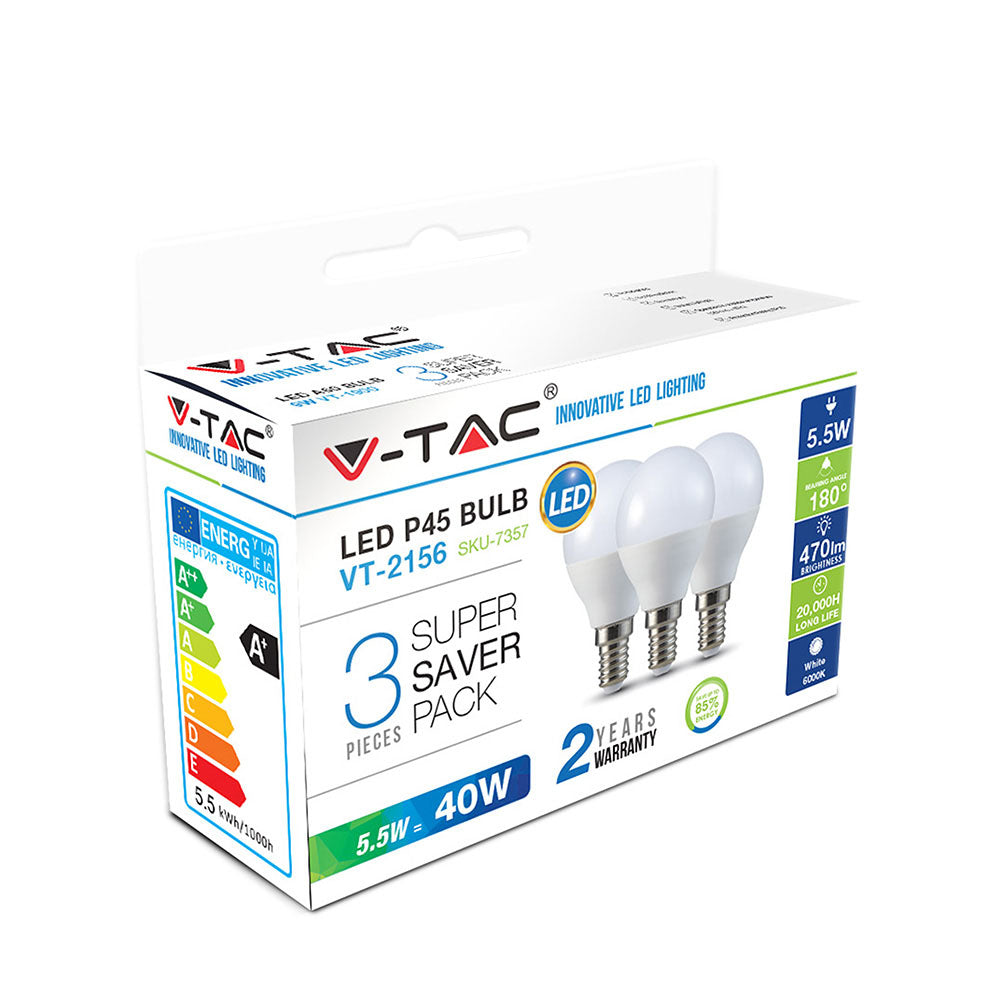 5.5W P45 Żarówka LED / Barwa:6400K/ Opakowanie: 3szt. / Trzonek: E14