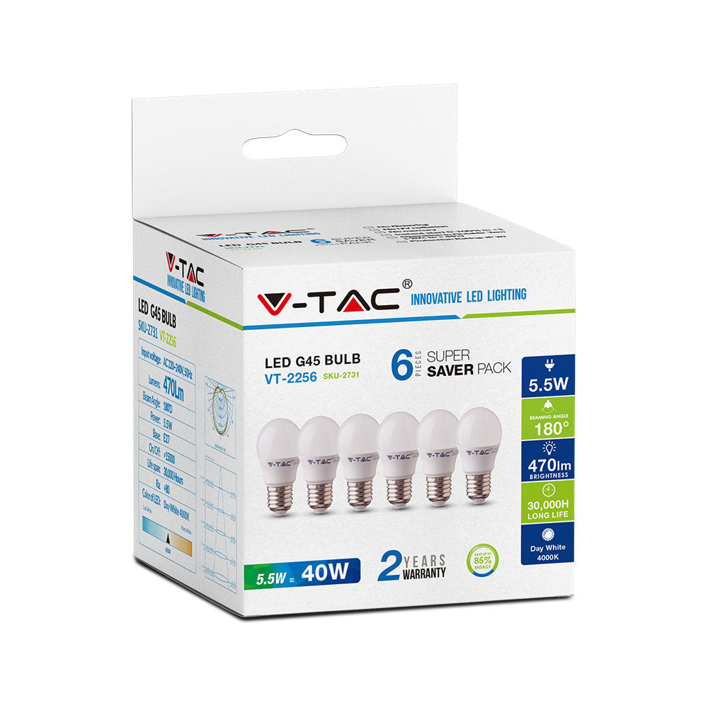 5.5W G45 Żarówka LED / Barwa:2700K / Trzonek:E27 / Opakowanie: 6szt.