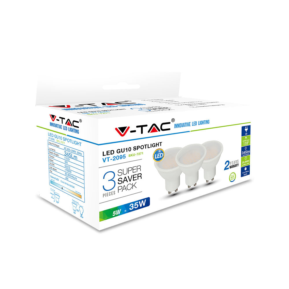 5W GU10 Żarówka LED / Klosz: Mleczny / Barwa:6400K / Opakowanie: 3szt. / Trzonek:GU10