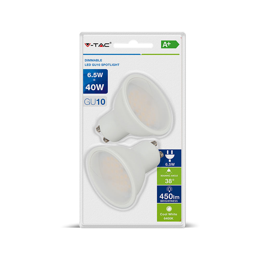 6.5W GU10 Żarówka LED / Kąt: 38' / Barwa:4000K / Ściemniana / Blister 2 szt. / Trzonek: GU10