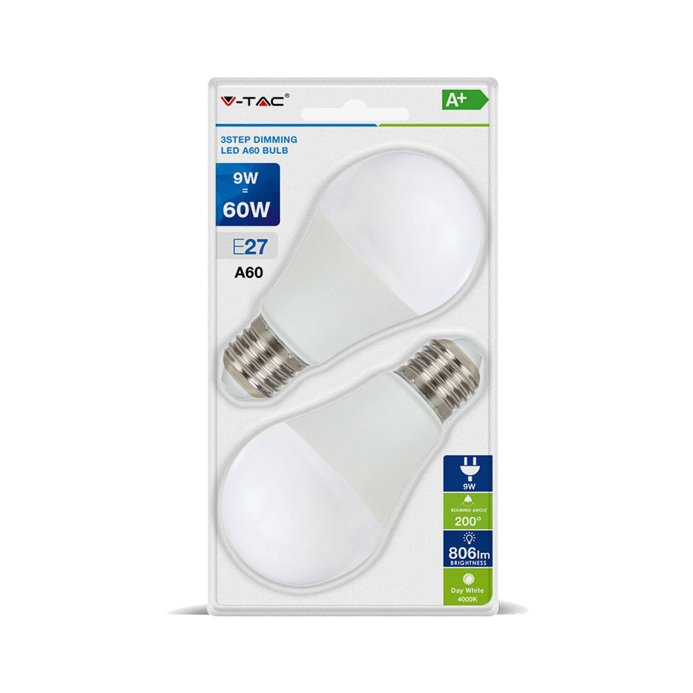 9W A60 Żarówka LED / Barwa:6400K / Ściemniana - 3 stopnie / Blister 2szt. / Trzonek:E27