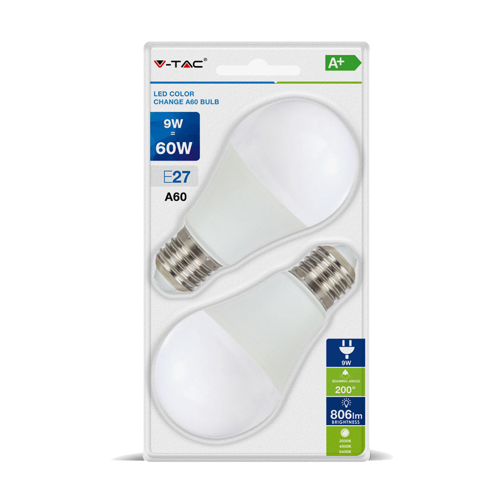 9W A60 Żarówka LED 9W / Barwa: 3w1 / Blister 2 szt. / Trzonek:E27